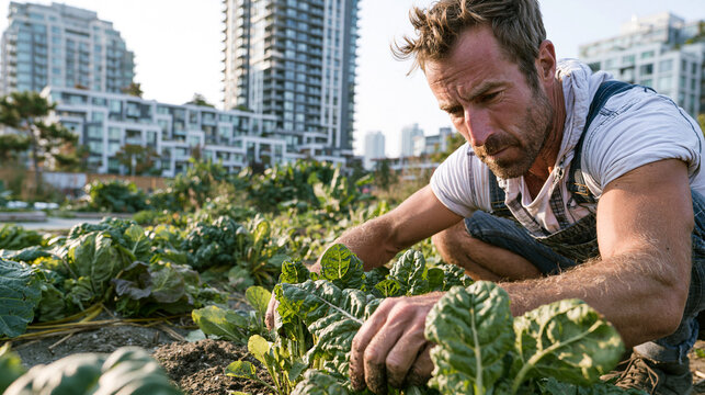 Focused middle aged man with stubble wearing denim overalls carefully tending to vibrant green leafy vegetables in a sunny urban community garden plot during a warm bright late afternoon session.