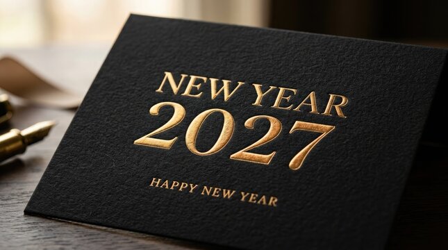 Elegant 2027 new year card golden foil typography on black textured paper for celebrations