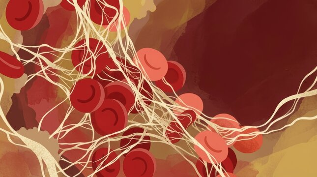 A close up artistic illustration depicting red blood cells entangled within fibrous protein strands suggesting a blood clot