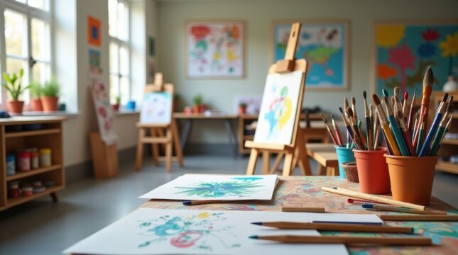 Aula de arte con pinceles, cuadernos de bocetos y caballetes