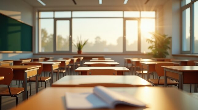 Aula despu&eacute;s del horario escolar, con la luz del sol proyectando largas sombras sobre los pupitres ordenados