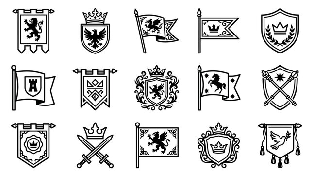 Corporate Medieval Heraldry and Emblem Designs Collection Black and White Illustrations of Shields Banners Crests and Symbols
