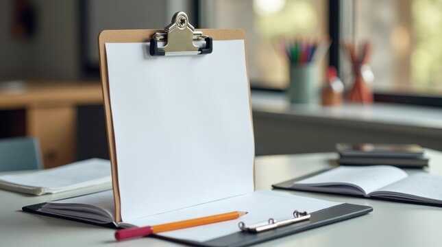 Portapapeles con una plantilla de planificaci&oacute;n de clases en blanco sobre el escritorio moderno de un profesor; material de papeler&iacute;a organizado