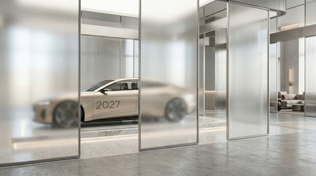 Futuristic car display in modern showroom concept vehicle reveal for 2027 automotive innovation