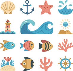 Naklejka premium Isolated on Hand drawn see icon. marine tools, wave, light house vector art on white background