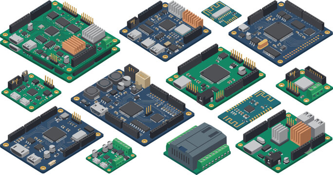 Isometric Electronic Circuit Board Collection with Microcontroller Development Boards and Embedded System Modules