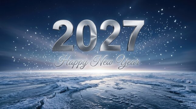 Stunning 2027 new year celebration landscape frozen lake snowy shores and metallic typography