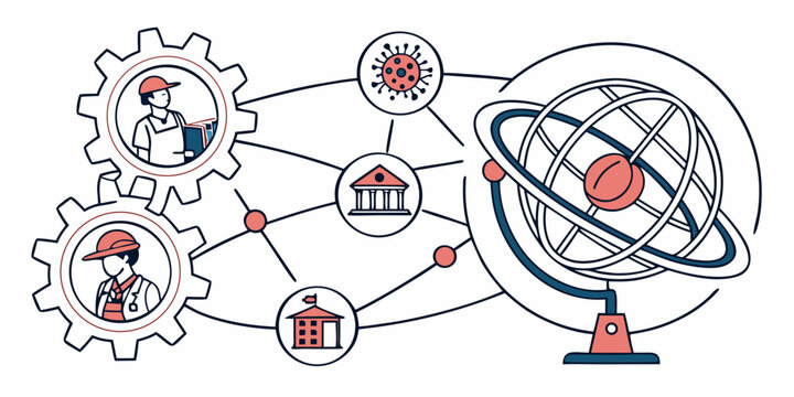 Industrial workers and interconnected global nodes surround a central armillary sphere.