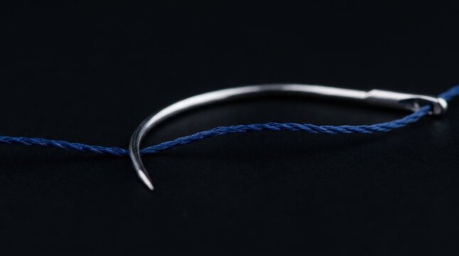 Close up of a surgical needle threaded with blue suture material on a dark surface