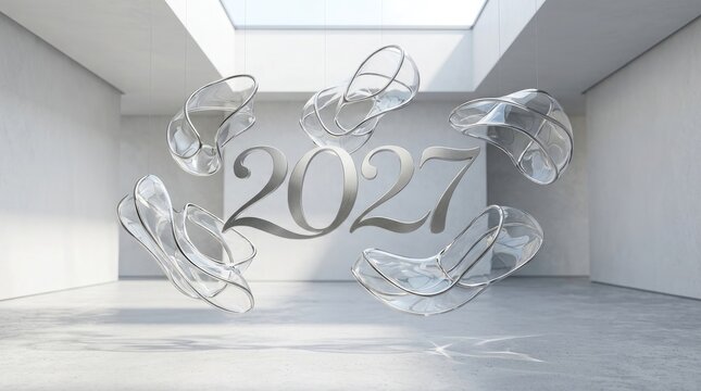 Futuristic 2027 concept transparent numbers floating in minimalist gallery space digital art