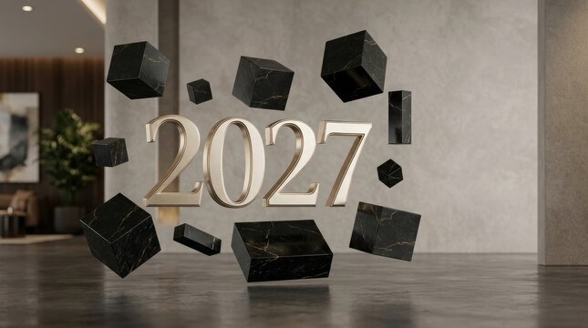 Elegant 2027 new year concept golden numbers with floating marble cubes modern interior backdrop