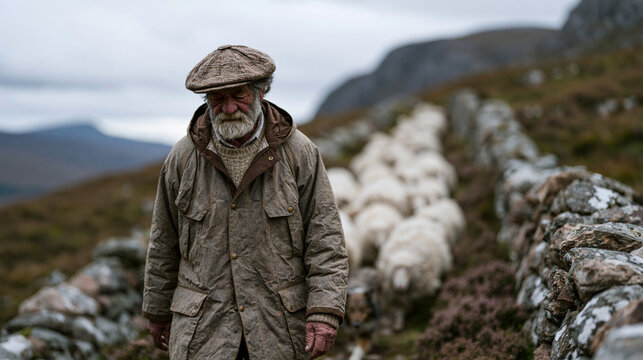 A Scottish highland shepherd in a weathered wax jacket guides a small flock along a stone wall track at midday under a heavy overcast sky, a working sheepdog moving low and alert