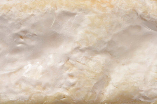 A macro close up of the thick white mold rind on the side of a brie cheese wedge