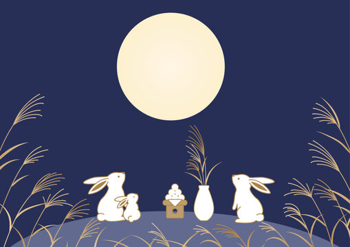 お月見の和風背景イラスト　十五夜・中秋の名月・月見うさぎと月見団子・ススキの秋素材