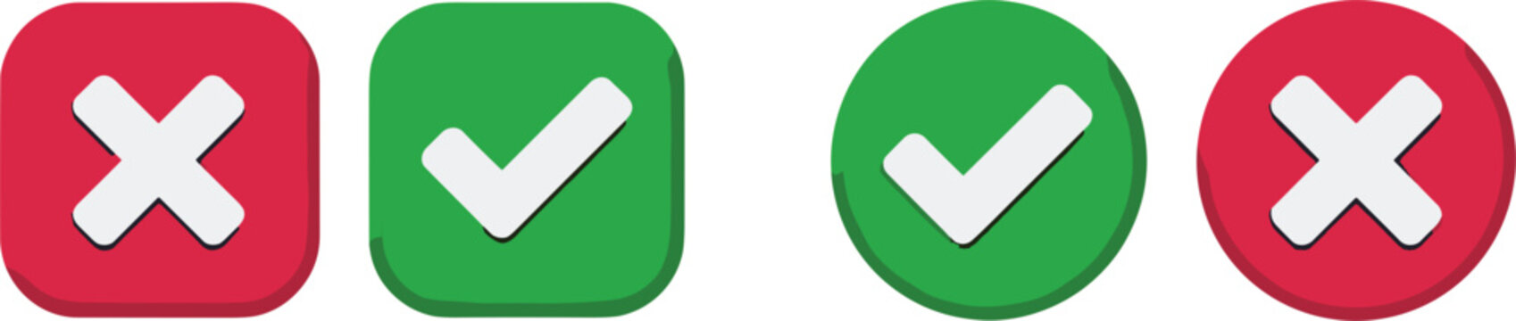Check Mark and Cross Mark Icon Set with Red and Green Rounded Square and Circle Buttons Vector Illustration