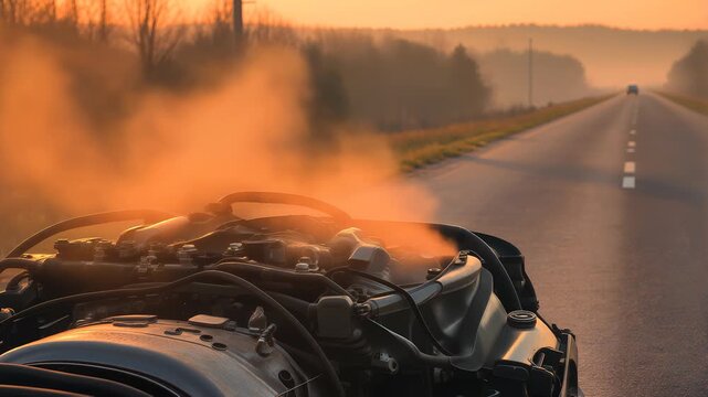 A car breaks down on a deserted road during a severe heatwave with smoke rising from the hot engine under the scorching sun and cracked dry ground.