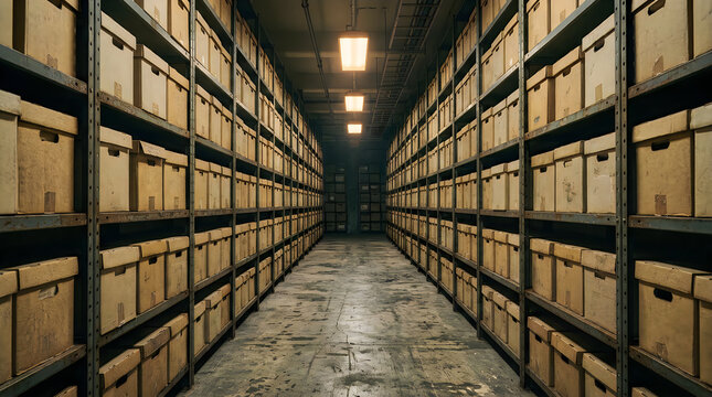Rows of document storage boxes in dark industrial archive room