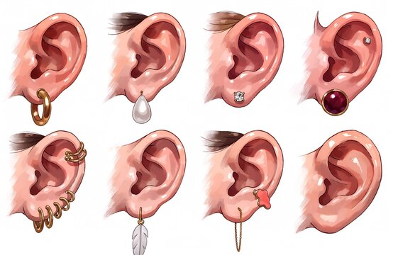 Digital Painting Reference Sheet Of Eight Different Ears With Gold Hoop Pearl Stud And Cartilage Piercing Earrings Plus One Plain Bare Ear For Character Design Study