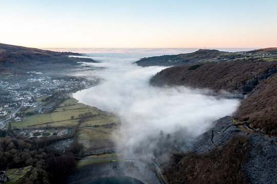 Llanberis village and Llyn Padarn during cloud inversion dawn