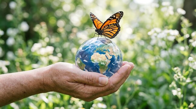 Protecting our planet monarch butterfly resting on globe environmental conservation concept