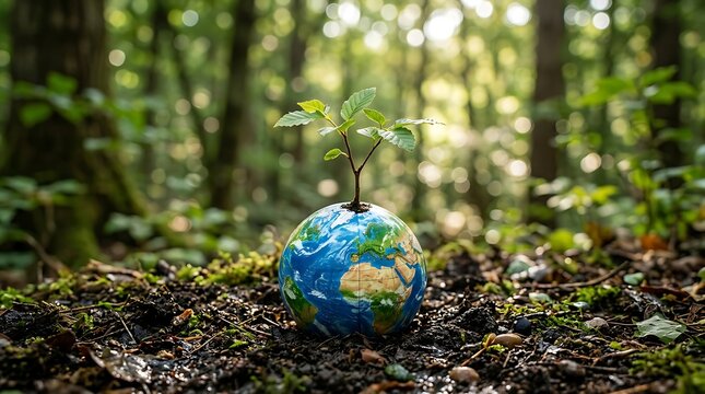 Earth globe with sprout sustainability environmental conservation and ecological growth concept