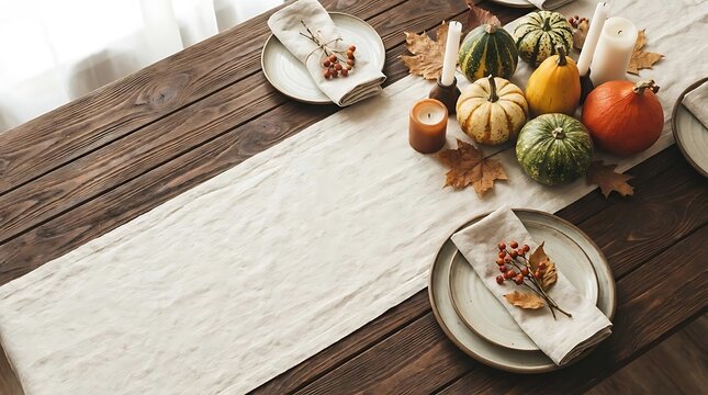 Autumn harvest table setting with gourds and candles