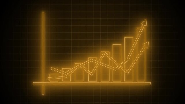 Neon-style glowing bar chart on black background with axes and three trend arrows overlay animation
