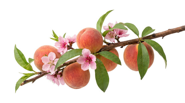 Ripe fuzzy peaches with pink flowers and green leaves on branch isolated transparent background png.