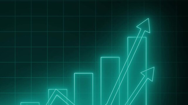 Neon-style glowing bar chart on black background with axes and three trend arrows overlay animation