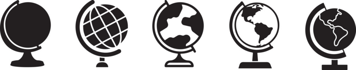 Five black globe silhouettes on stands world map icons with varying detail © grappikstar