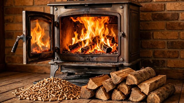 Rustic wood burning stove with open door and fuel supply