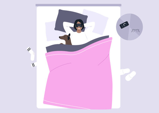 In a warm, inviting bedroom, a person lies peacefully asleep under a cozy blanket, with a dog snuggled close, creating a heartwarming scene filled with tranquility and comfort.