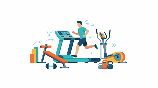 A man is running on a treadmill surrounded by various exercise equipment