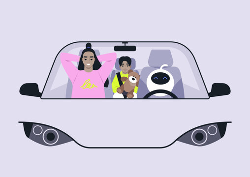 Passengers relax in a driverless car, enjoying their journey, A parent and child share smiles while a friendly robot drives them through a vibrant city.