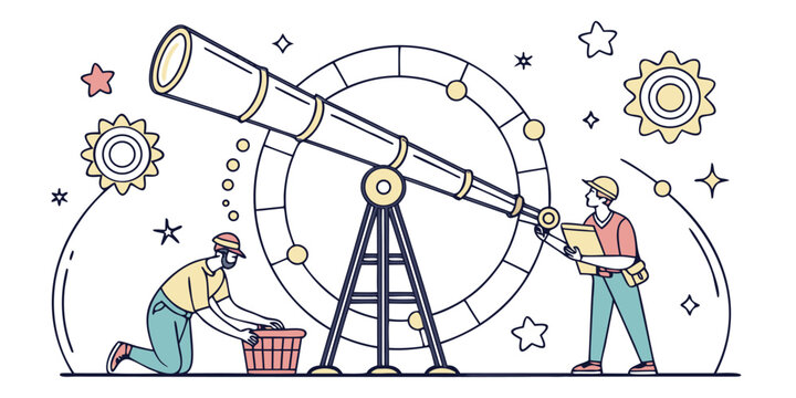 Astronomers use a large telescope to observe celestial bodies and record data in a scientific environment.