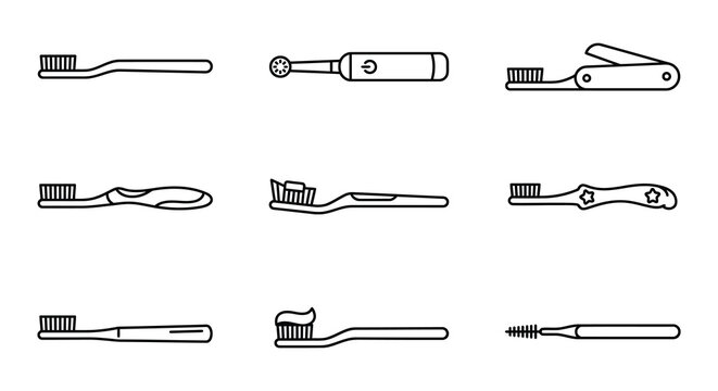 Toothbrush And Dental Tool Collection Black Line Vector Illustration