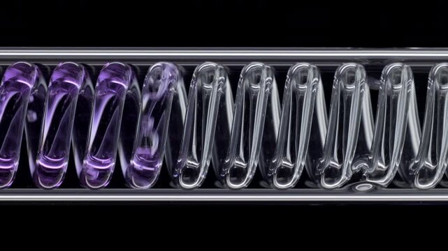 Intense zoom-in on violet transparent liquid flowing through a horizontally mounted coil laboratory condenser on pure black | Purple sweet potato liquid extract cosmetic lab concept