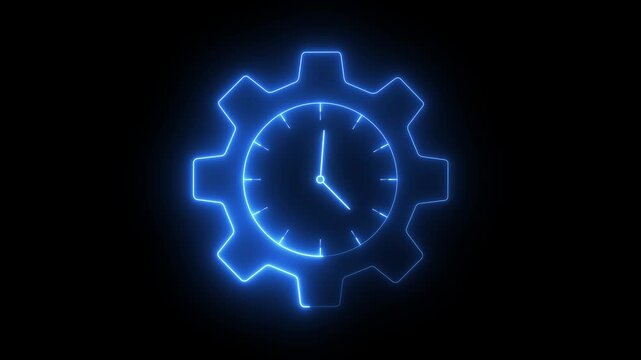 glowing neon Time Management icon isolated on black background. Time management and efficiency icon featuring a clock inside a gear wheel. representing workflow optimization, productivity, progress.