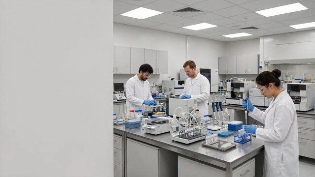 Quality control chemist in lab coat performing HPLC analytical testing and sample validation in QC laboratory, wide view of work environment
