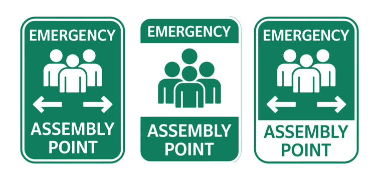 Assembly point sign emergency symbol featuring an evacuation meeting location icon with clear safety instructions, printable poster layout, and guidance graphics, designed as a professional vector tem