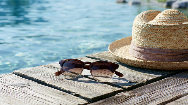 Stylish brown gradient sunglasses resting beside a classic woven straw sun hat on a weathered wooden dock pier surface during a bright sunny afternoon by the calm blue lake water.