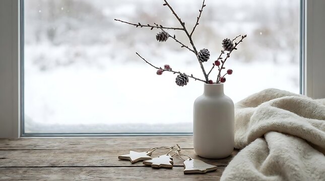 Cozy winter scene with decorative branches and blanket indoors