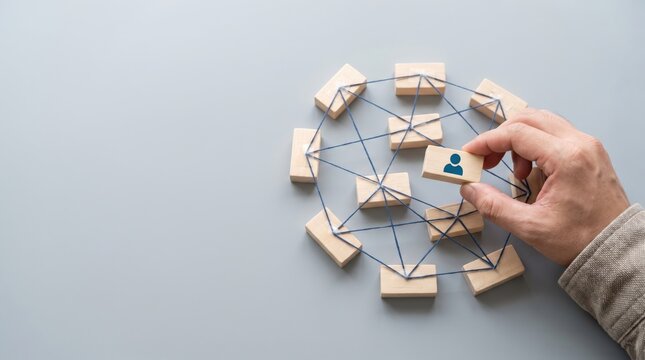 Hand connecting wooden blocks with a person icon symbolizing networking and human resource management