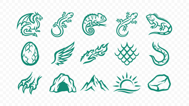dragon reptile lizard mythical creature egg wing fantasy nature doodle handmade ink scribble flat line art vector illustration icon bundle set calligraphy drawing design elements