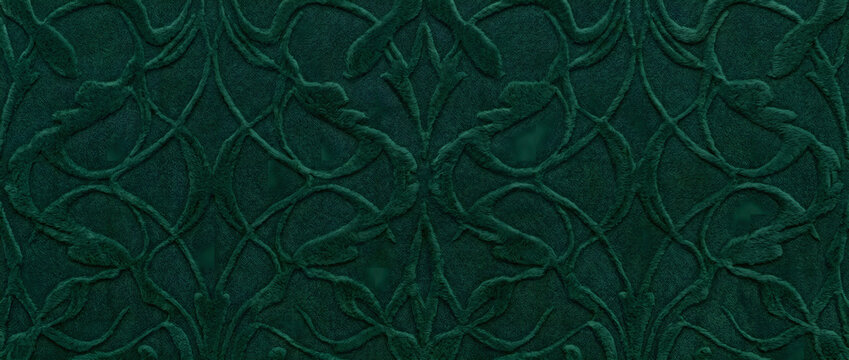 Velvet fabric showcases a luxurious seamless dark emerald floral embossed textile texture with plush raised vines for upholstery wallpaper and premium background design