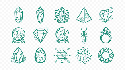 magic crystal gem diamond jewelry spiritual energy mineral doodle handmade ink scribble flat line art vector illustration icon bundle set calligraphy drawing design crystal art © HASNA