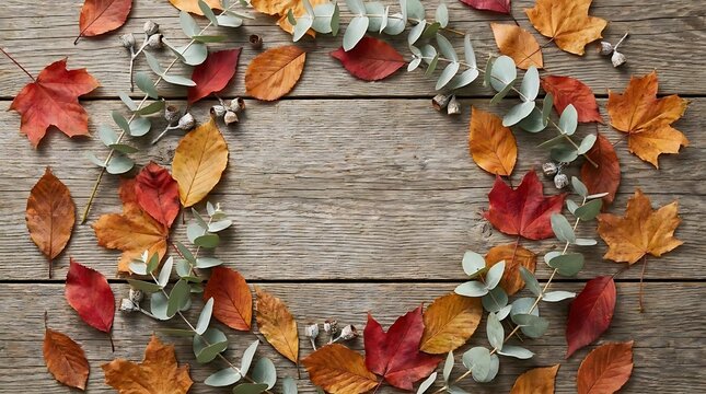 Autumn leaf garland on rustic wooden background with copy space