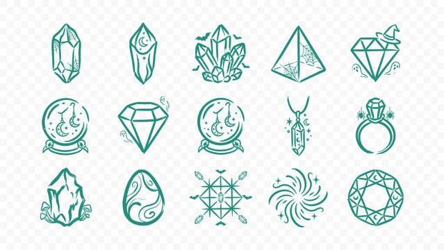 magic crystal gem diamond jewelry spiritual energy mineral doodle handmade ink scribble flat line art vector illustration icon bundle set calligraphy drawing design crystal art