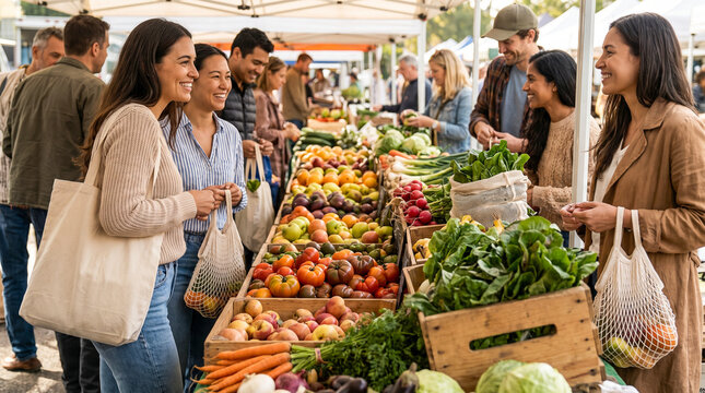 Mercado ecol&oacute;gico con productos frescos y consumo responsable en un entorno saludable.