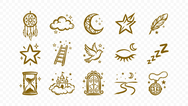 dream night moon stars dreamcatcher bedtime sleep sky celestial doodle handmade ink scribble flat line art vector illustration icon bundle set calligraphy drawing design dreams